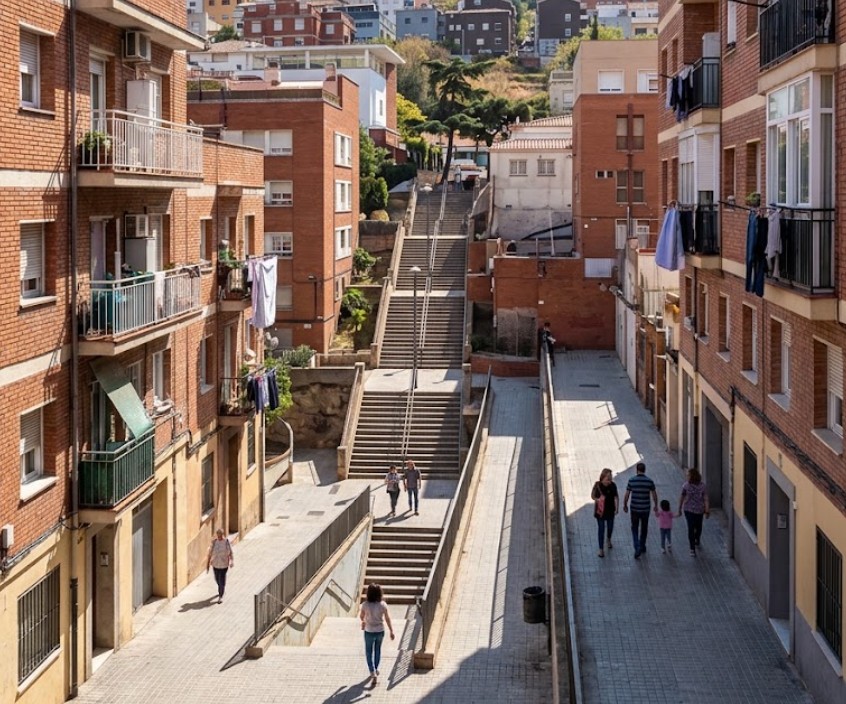 Vistas de las calles empinadas, escaleras y bloques residenciales de La Teixonera en Barcelona